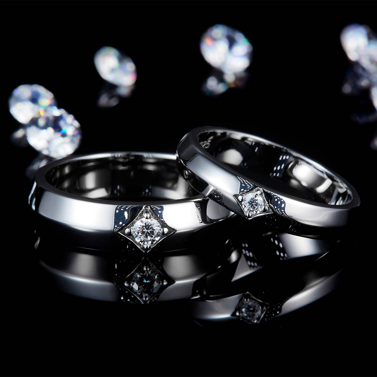 Couple Ring S925 Silver Plated Platinum Customized Selection Side Stone Moissanite 0.14ct