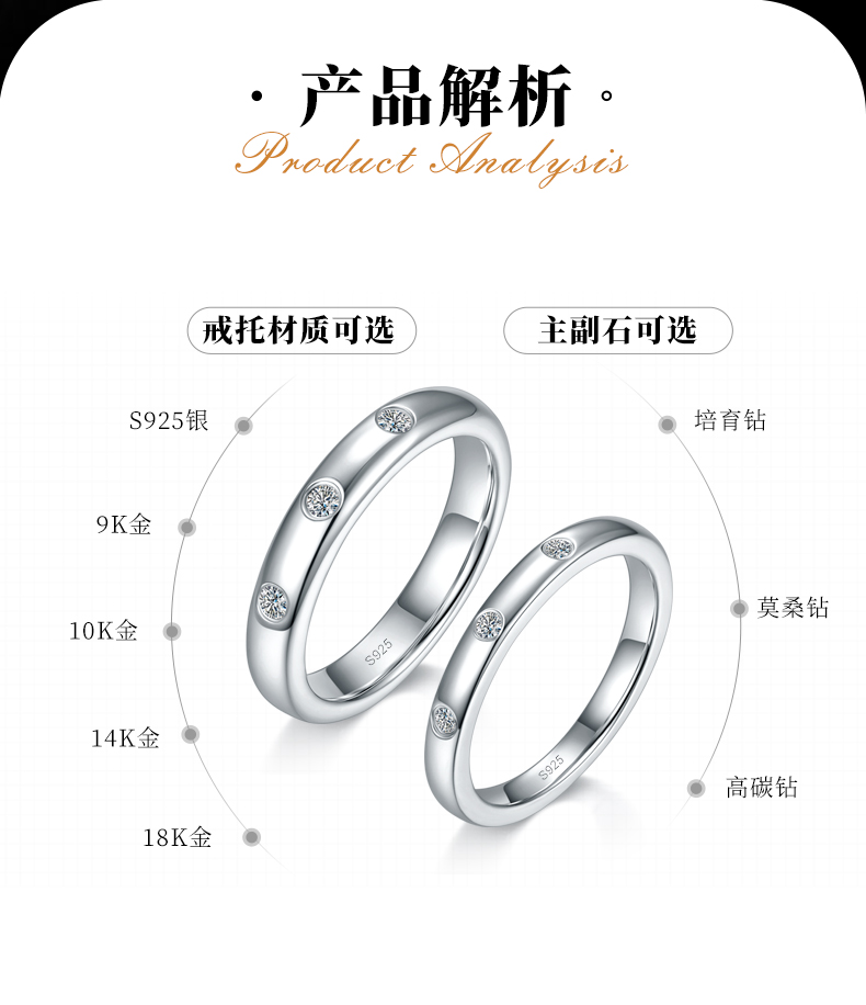 情侣对戒S925银镀白金定制选款莫桑钻0.18ct - 2