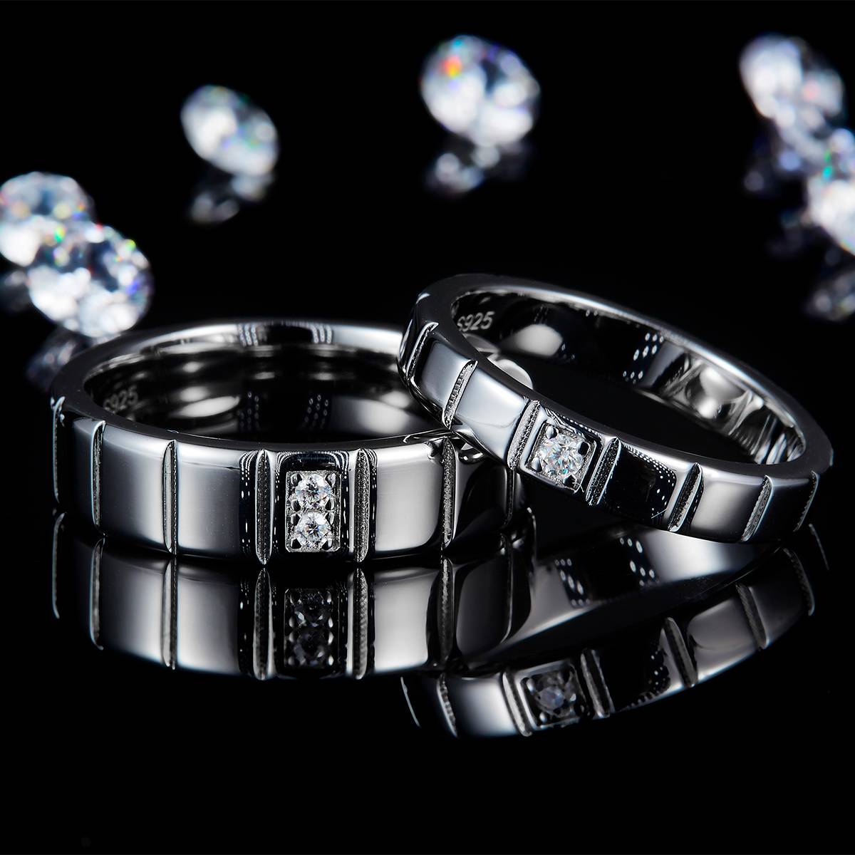 情侣对戒S925银镀白金定制选款副石莫桑钻0.065ct