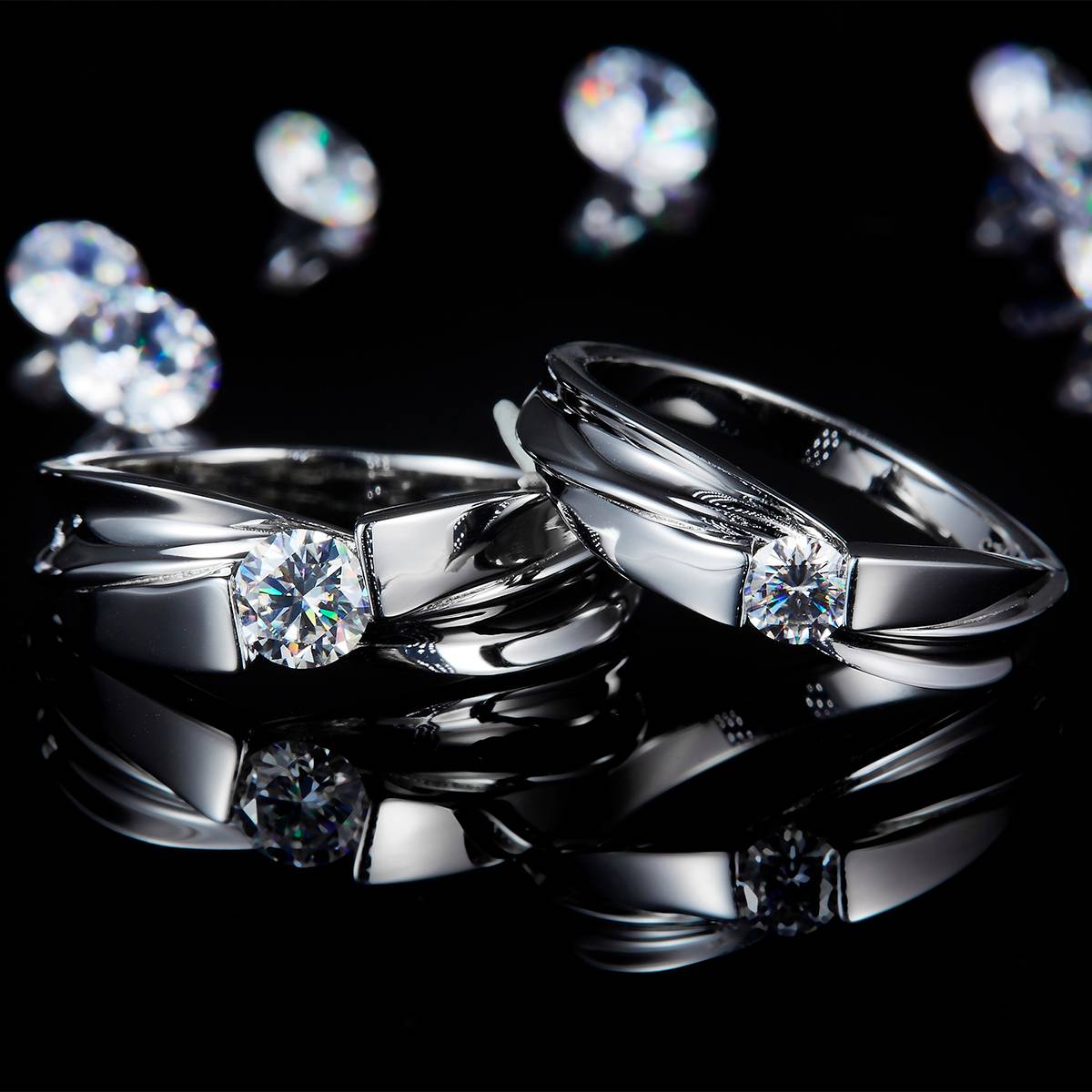 情侣对戒S925银镀白金定制选款主石莫桑钻0.8ct