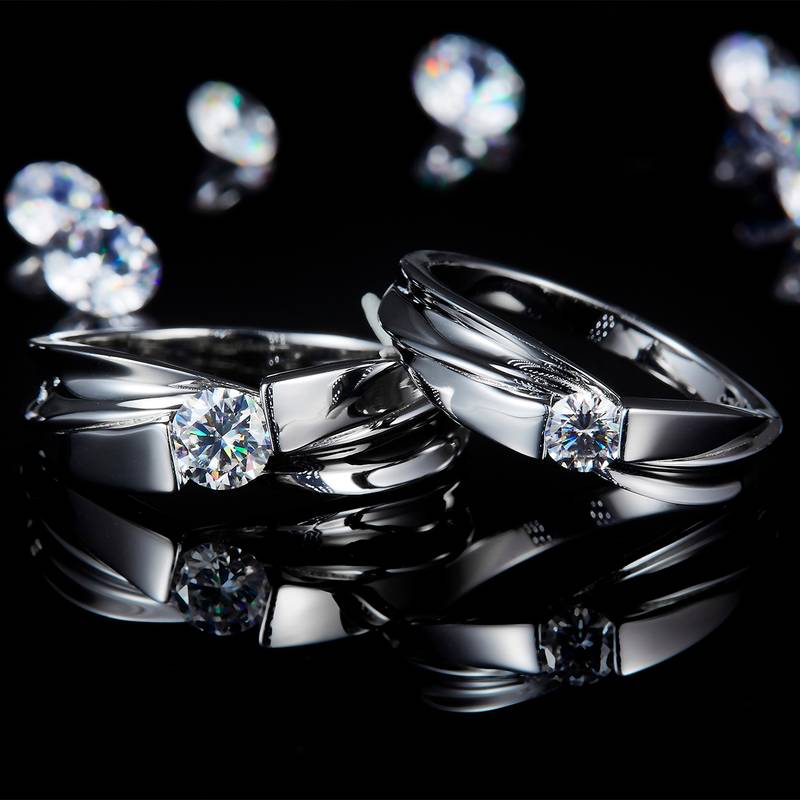 情侣对戒S925银镀白金定制选款主石莫桑钻0.8ct