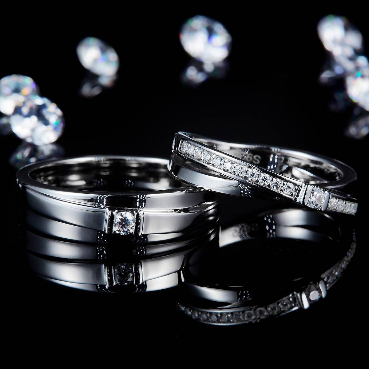 情侣对戒S925银镀白金定制选款主副莫桑钻0.28ct