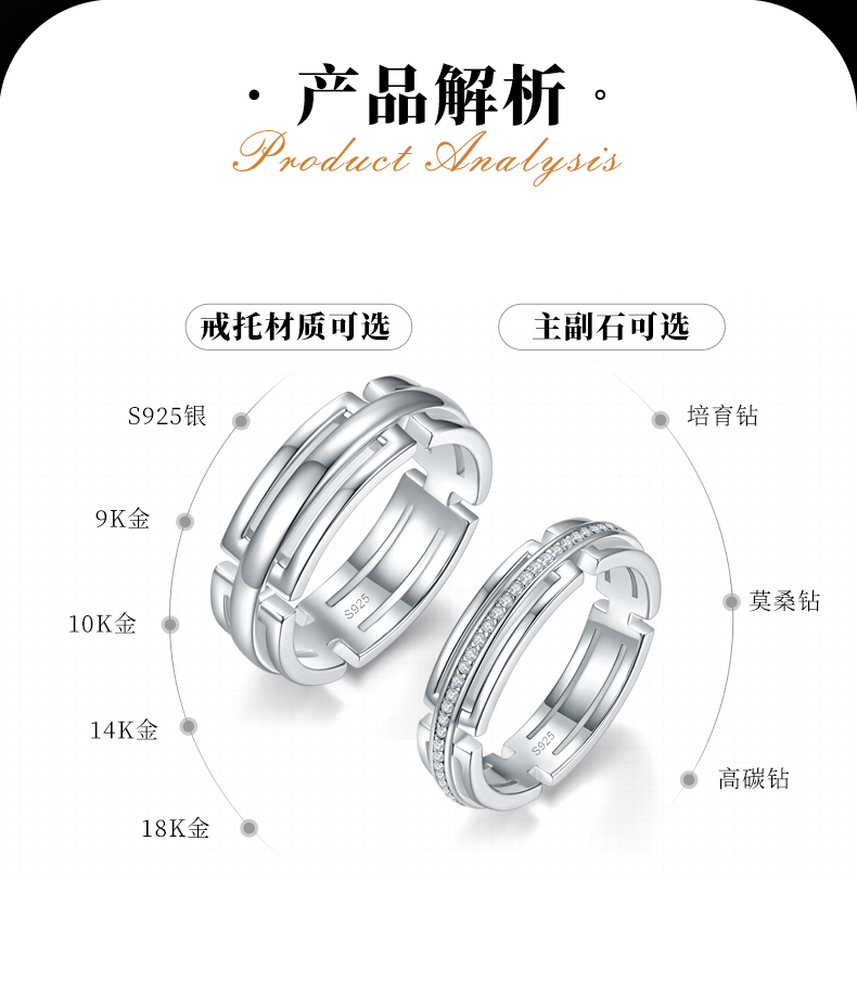 情侣对戒S925银镀白金定制选款副石莫桑钻0.26ct - 2