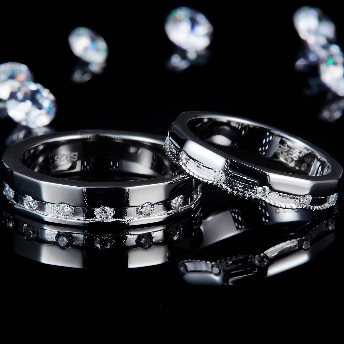情侣对戒S925银镀白金定制选款副石莫桑钻0.63ct