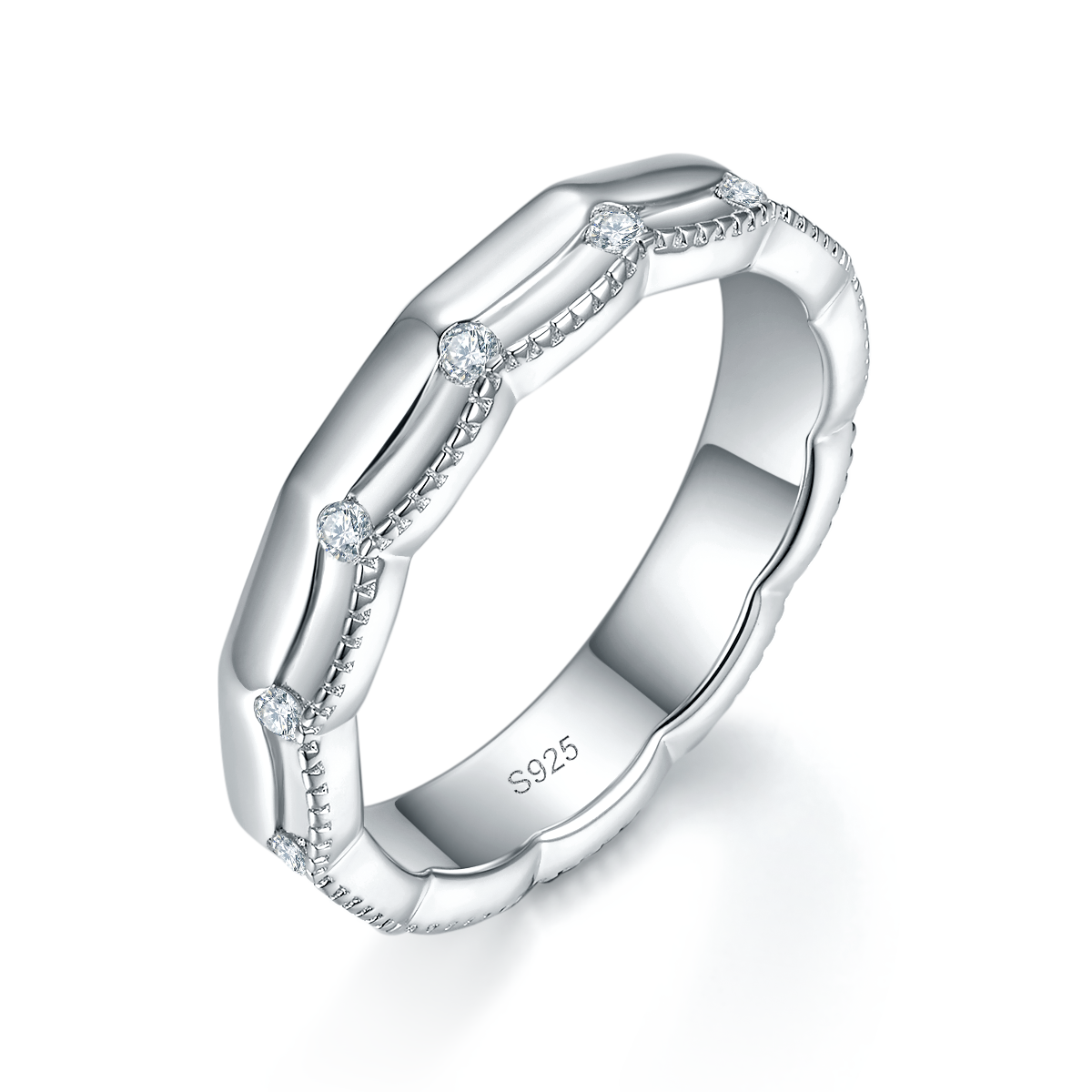 情侣对戒S925银镀白金定制选款副石莫桑钻0.63ct