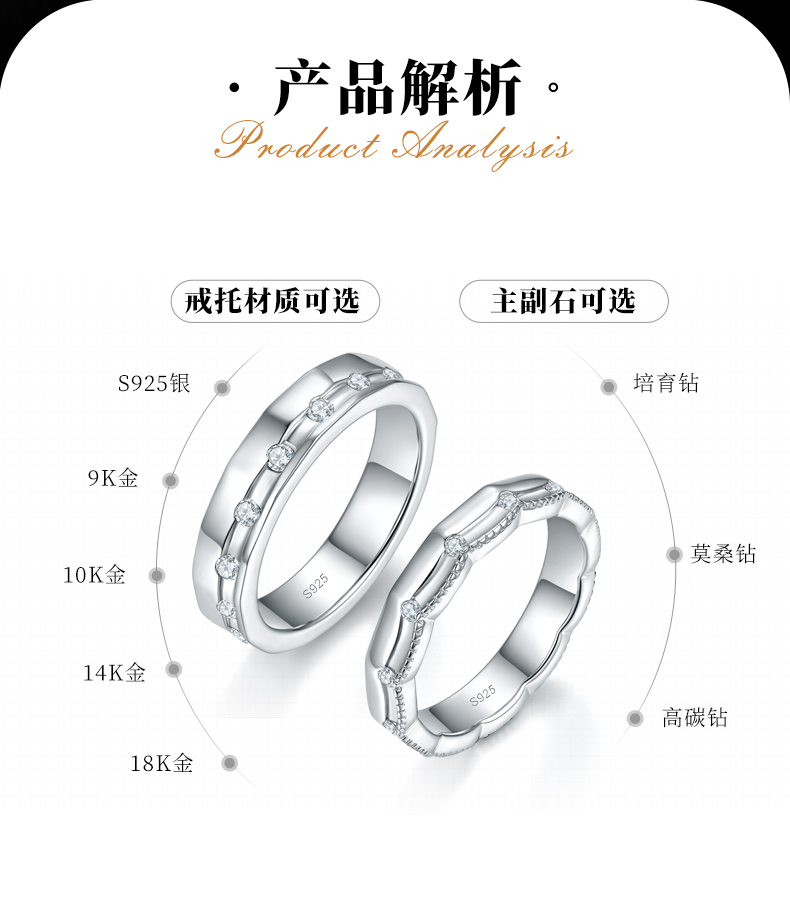 情侣对戒S925银镀白金定制选款副石莫桑钻0.63ct - 2