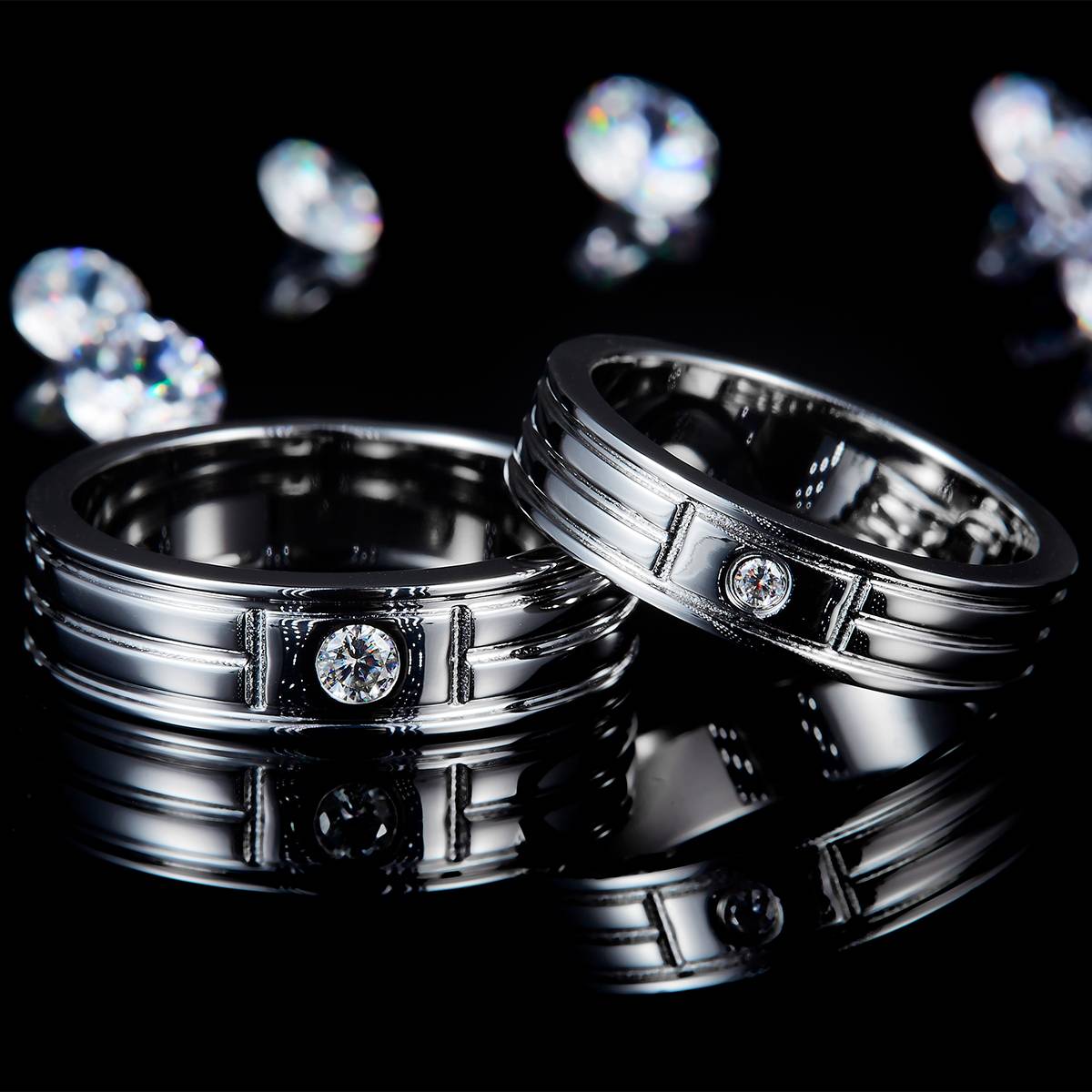情侣对戒S925银镀白金定制选款主石莫桑钻0.13ct