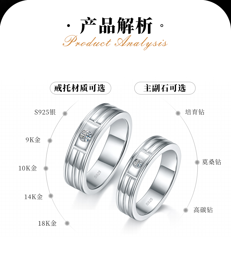 情侣对戒S925银镀白金定制选款主石莫桑钻0.13ct - 2