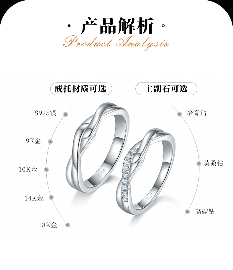 情侣对戒S925银镀白金定制选款副石莫桑钻0.1ct - 2