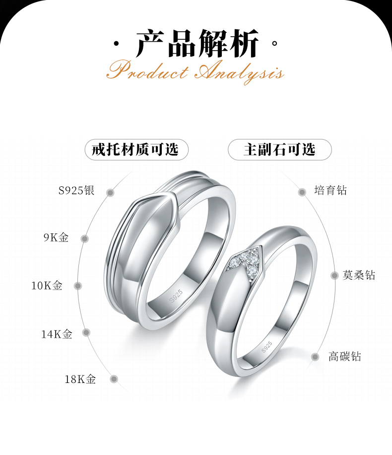 情侣对戒S925银镀白金定制选款副石莫桑钻0.035ct - 2