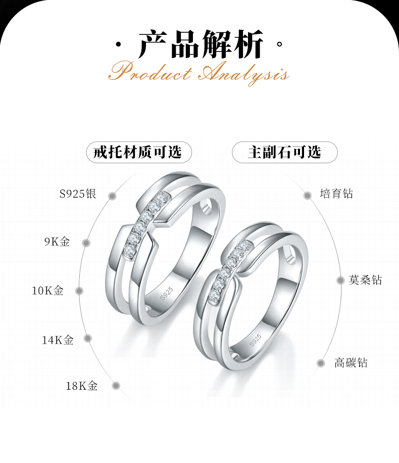 情侣对戒S925银镀白金定制选款副石莫桑钻0.21ct - 2