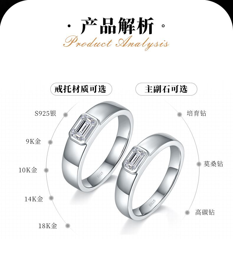情侣对戒S925银镀白金定制选款主石莫桑钻1.3ct - 2