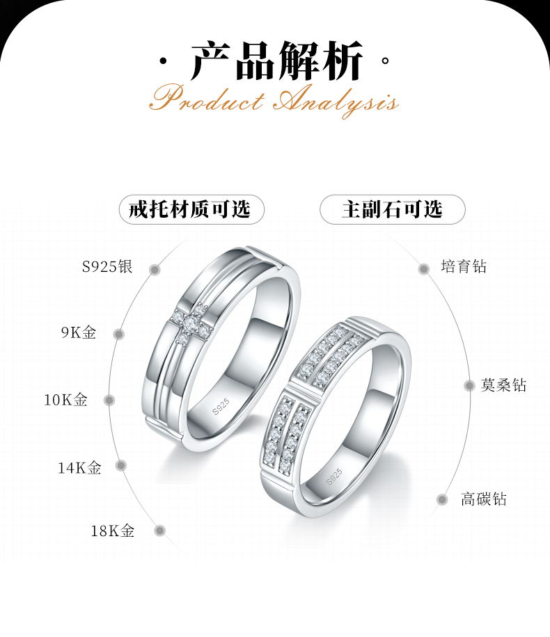 情侣对戒S925银镀白金定制选款副石莫桑钻0.22ct - 2