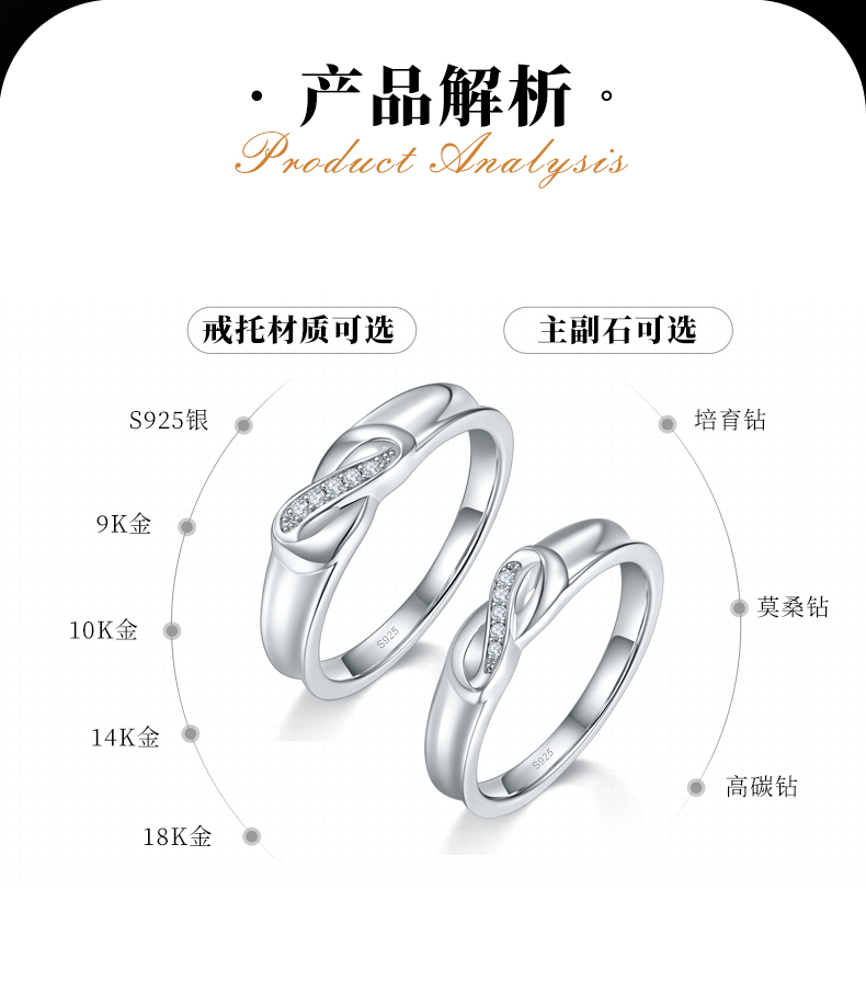 情侣对戒S925银镀白金定制选款副石莫桑钻0.065ct - 2