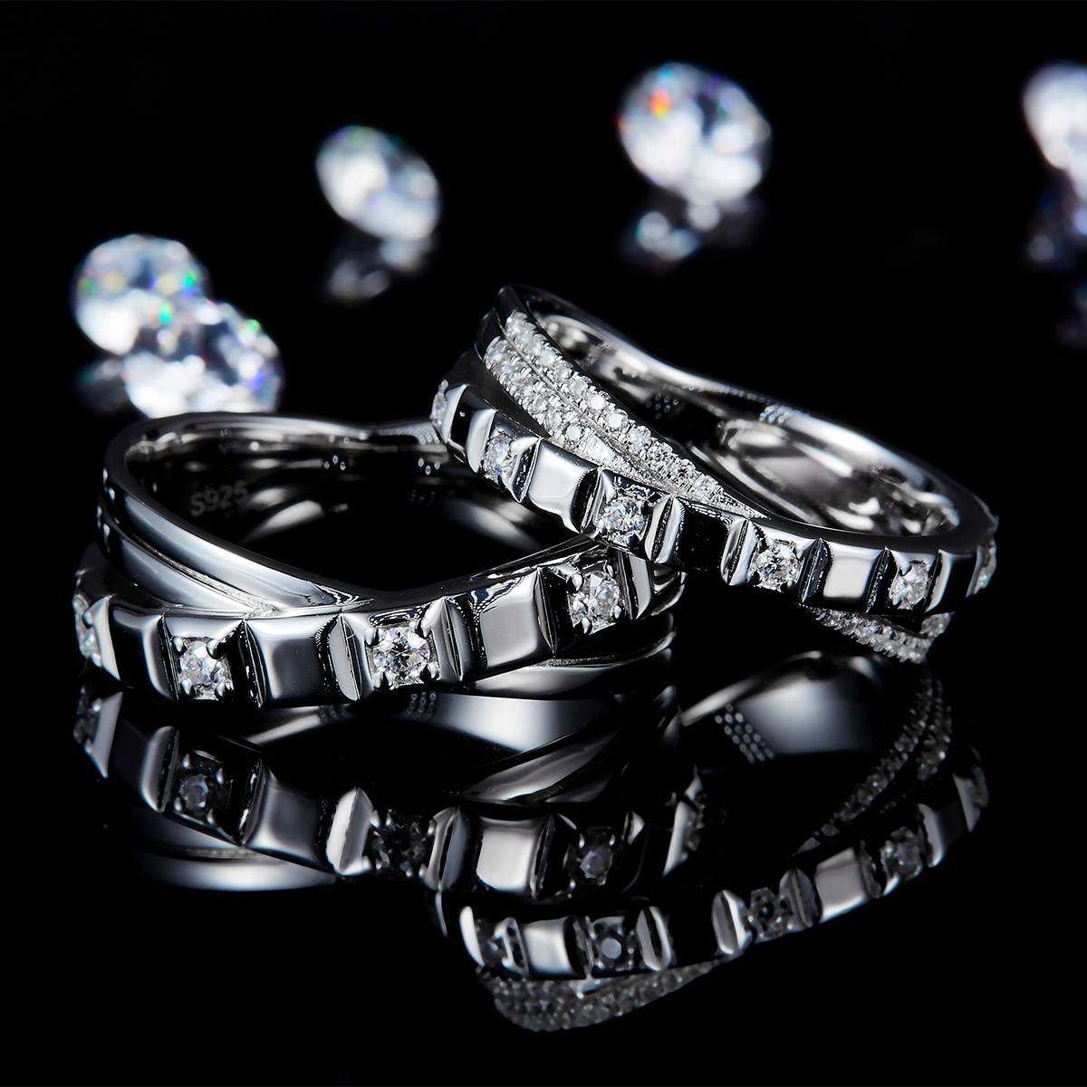 Couple Ring S925 Silver Plated Platinum Customized Selection Side Stone Moissanite 0.37ct