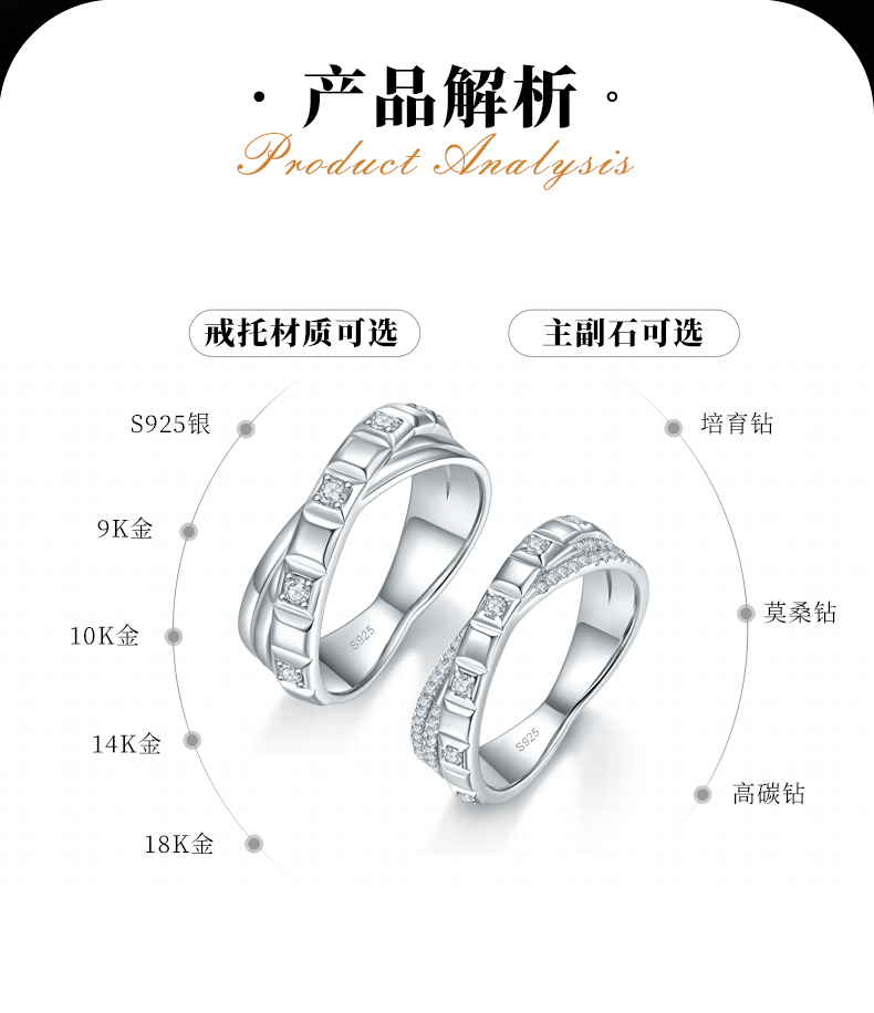 情侣对戒S925银镀白金定制选款副石莫桑钻0.37ct - 2