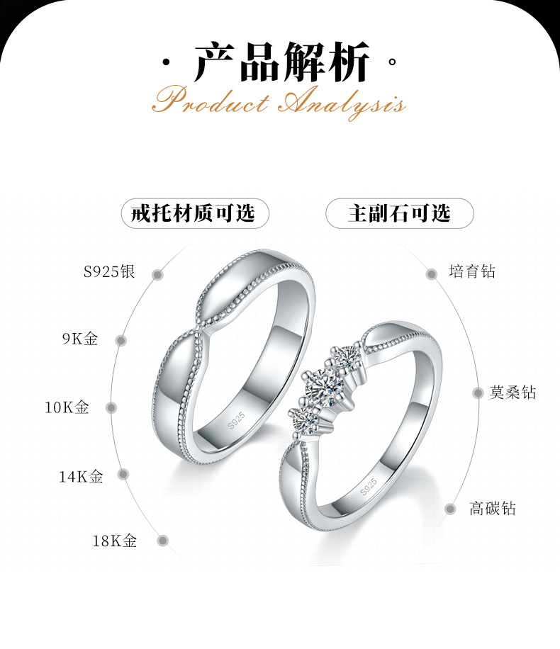 情侣对戒S925银镀白金定制选款副石莫桑钻0.21ct - 2