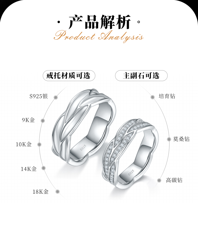 情侣对戒S925银镀白金定制选款莫桑钻0.29ct - 2