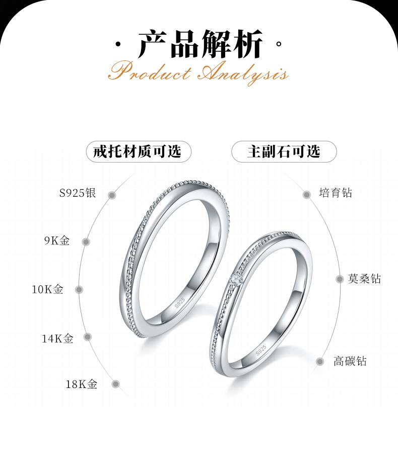 情侣对戒S925银镀白金定制选款副石莫桑钻0.025ct - 2