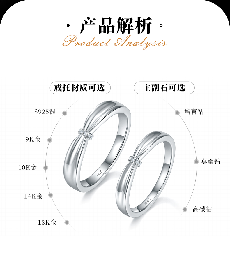 情侣对戒S925银镀白金定制选款副石莫桑钻0.06ct - 2