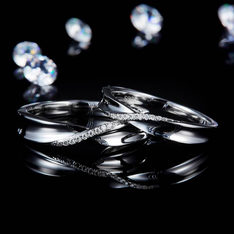 情侣Couple RingS925银镀白金定制选款副石Moissanite0.13ct