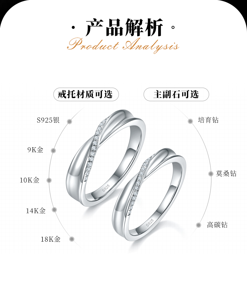 情侣对戒S925银镀白金定制选款副石莫桑钻0.13ct - 2