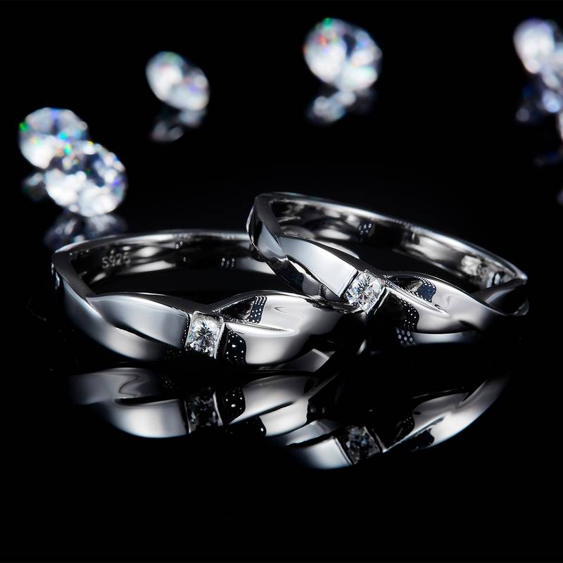 情侣Couple RingS925银镀白金定制选款副石Moissanite0.1ct