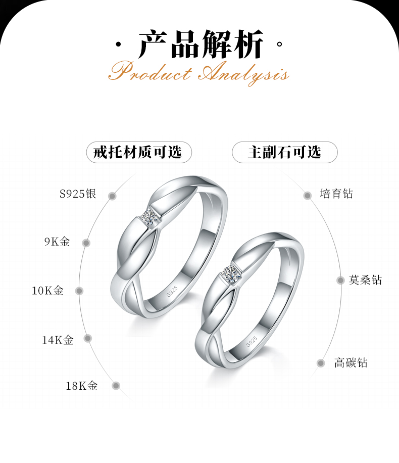 情侣对戒S925银镀白金定制选款副石莫桑钻0.1ct - 2
