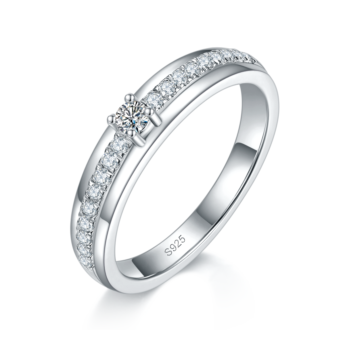情侣对戒S925银镀白金定制选款主副石莫桑钻0.48ct