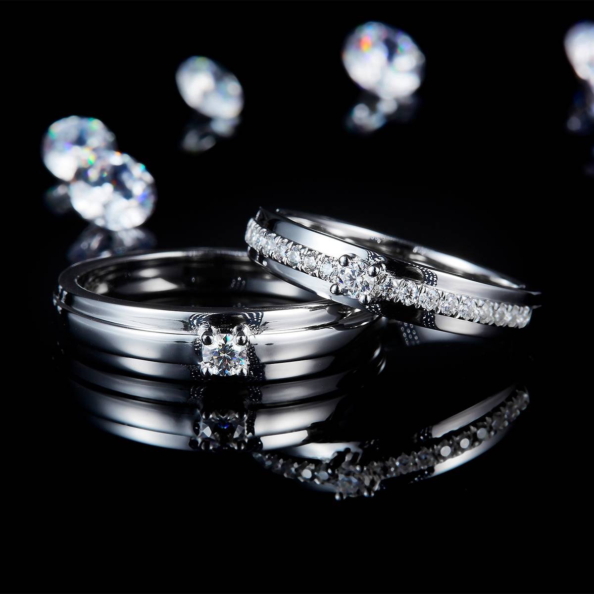 情侣对戒S925银镀白金定制选款主副石莫桑钻0.48ct