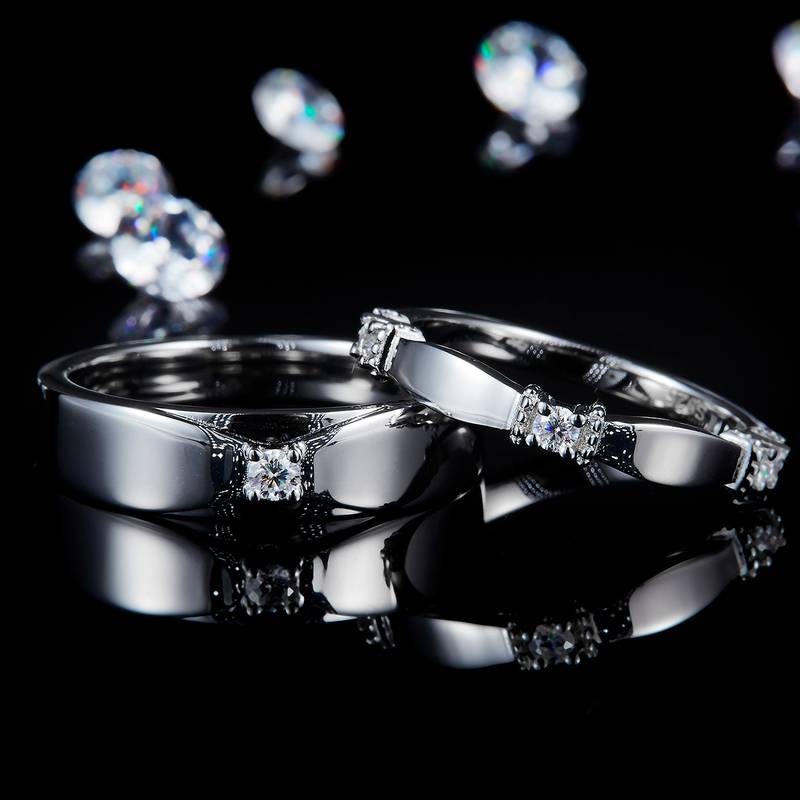 情侣Couple RingS925银镀白金定制选款主副石Moissanite0.18ct