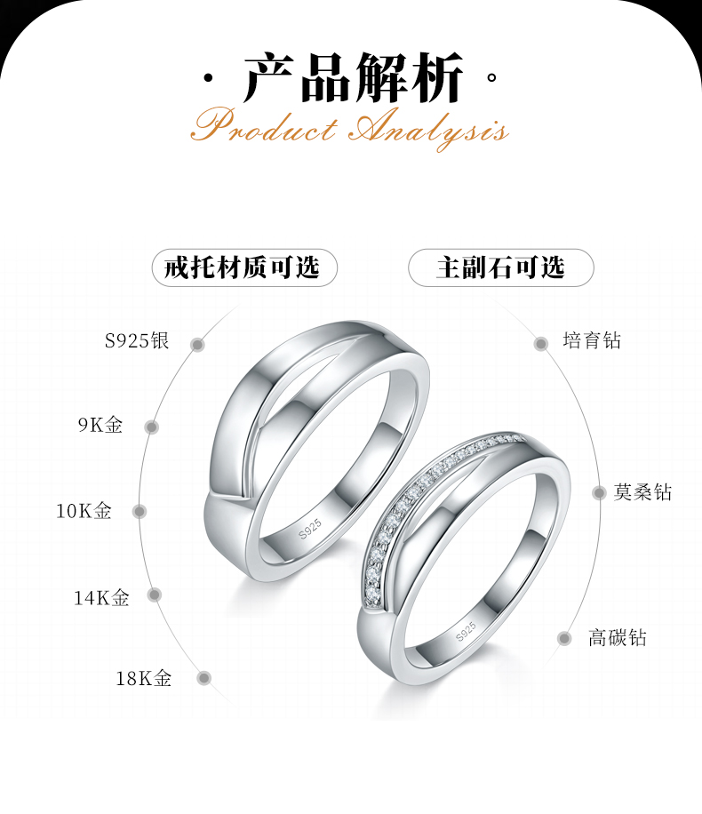 情侣对戒S925银镀白金定制选款莫桑钻0.1ct - 2