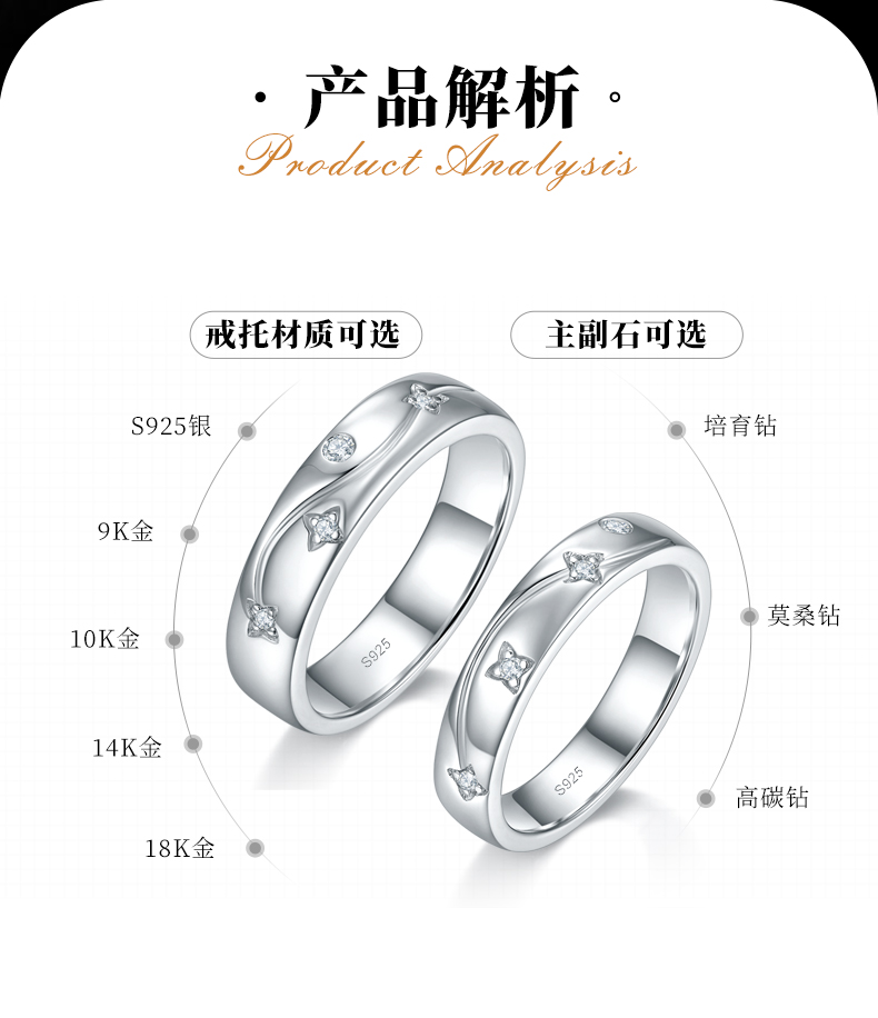 情侣对戒S925银镀白金定制选款莫桑钻0.1ct - 2
