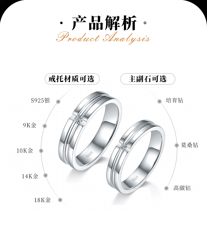 情侣对戒S925银镀白金定制选款莫桑钻0.08ct - 2