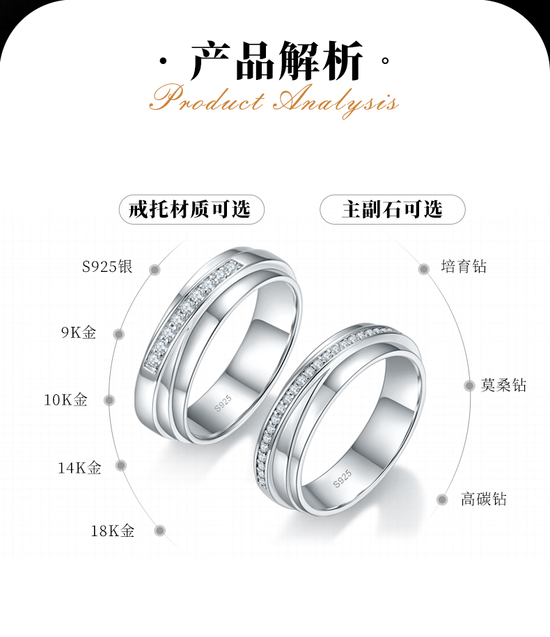 情侣对戒S925银镀白金定制选款莫桑钻0.28ct - 2