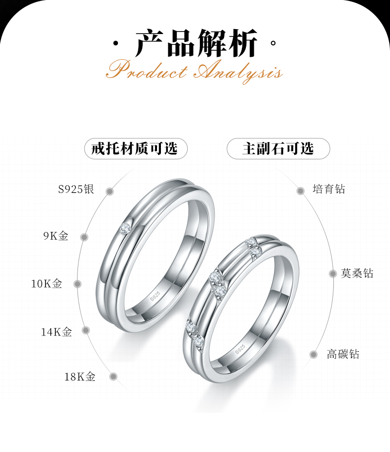 情侣对戒S925银镀白金定制选款莫桑钻0.102ct - 2