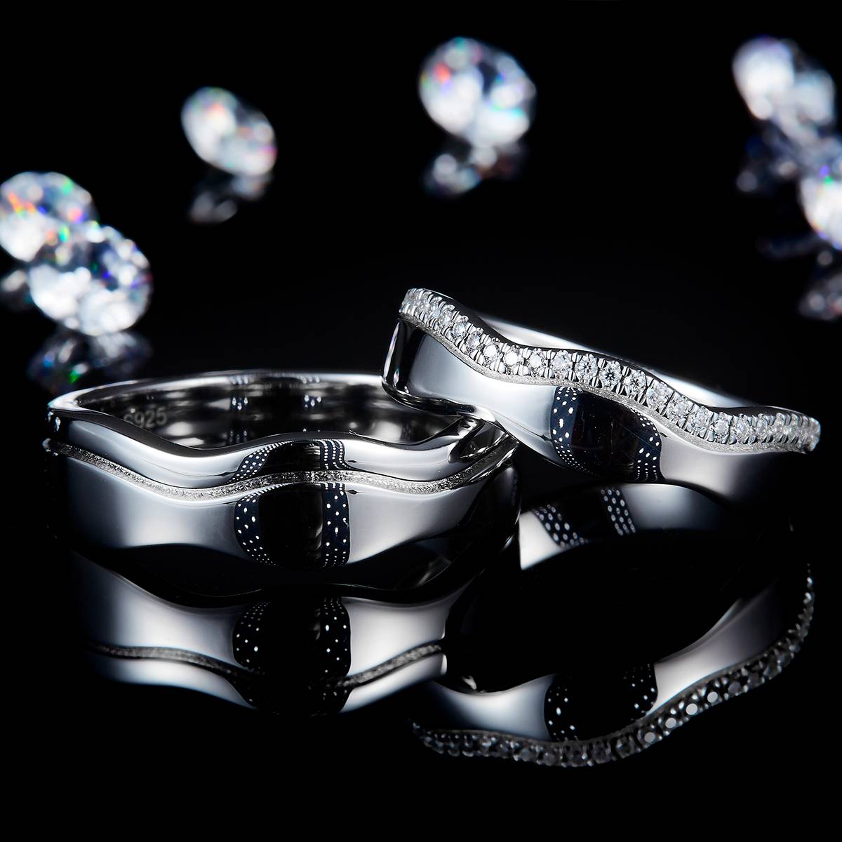 情侣对戒S925银镀白金定制选款莫桑钻0.28ct