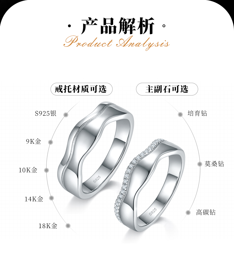 情侣对戒S925银镀白金定制选款莫桑钻0.28ct - 2