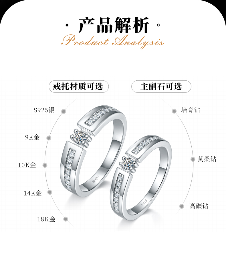 情侣对戒S925银镀白金定制选款莫桑钻0.65ct - 2