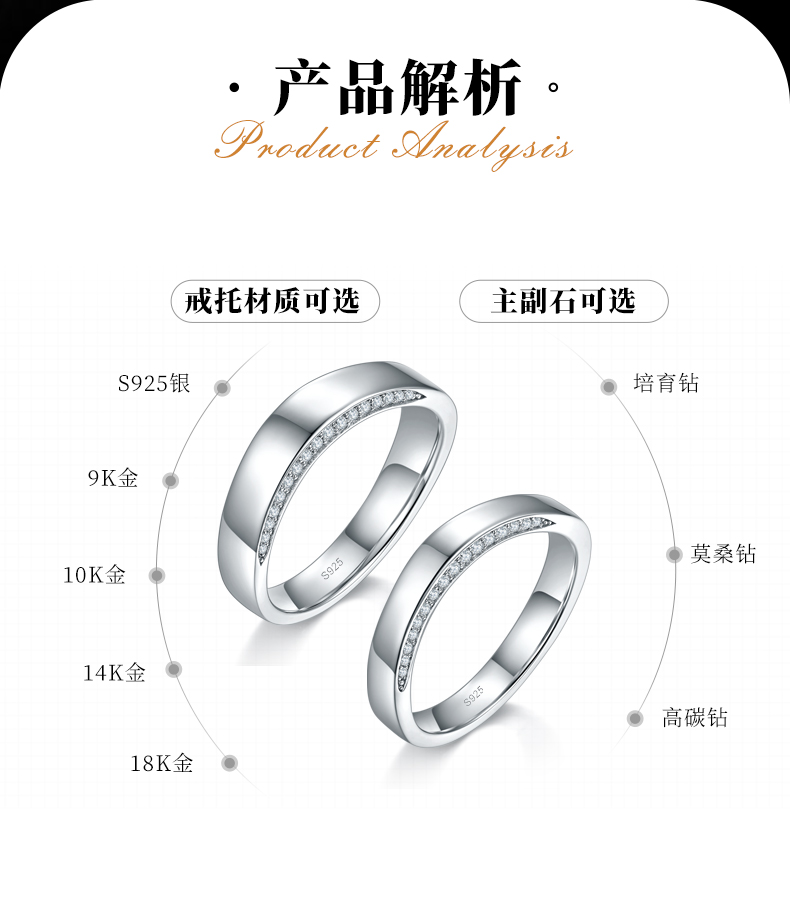 情侣对戒S925银镀白金定制选款莫桑钻0.33ct - 2