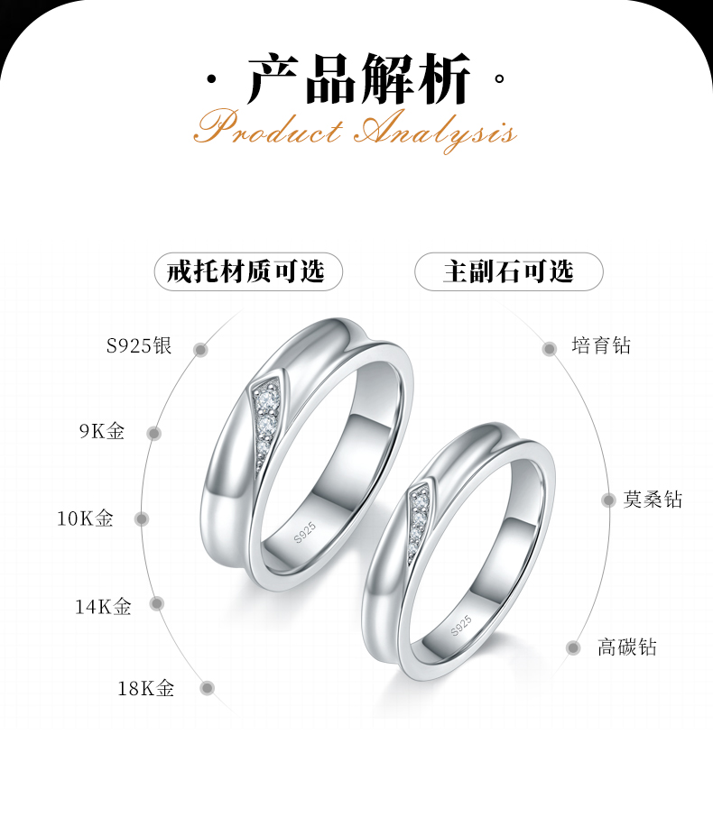 情侣对戒S925银镀白金定制选款莫桑钻0.078ct - 2