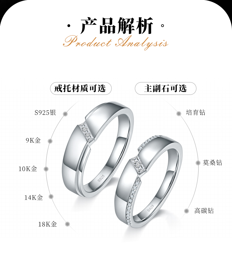 情侣对戒S925银镀白金定制选款莫桑钻0.34ct - 2
