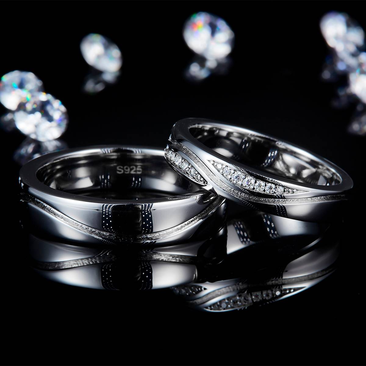 Couple Ring S925 Silver Plated Platinum Customized Selection Moissanite 0.074ct