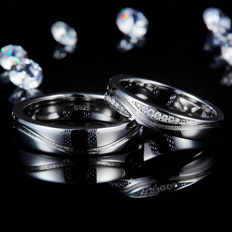 情侣Couple RingS925银镀白金定制选款Moissanite0.074ct