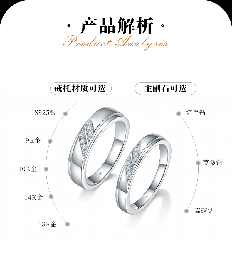 情侣对戒S925银镀白金定制选款莫桑钻0.14ct - 2