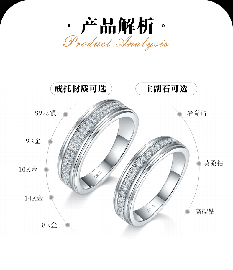 情侣对戒S925银镀白金定制选款莫桑钻0.52ct - 2