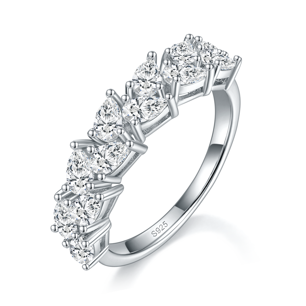 水滴排戒女戒S925银镀白金定制选款副石莫桑钻2.4ct