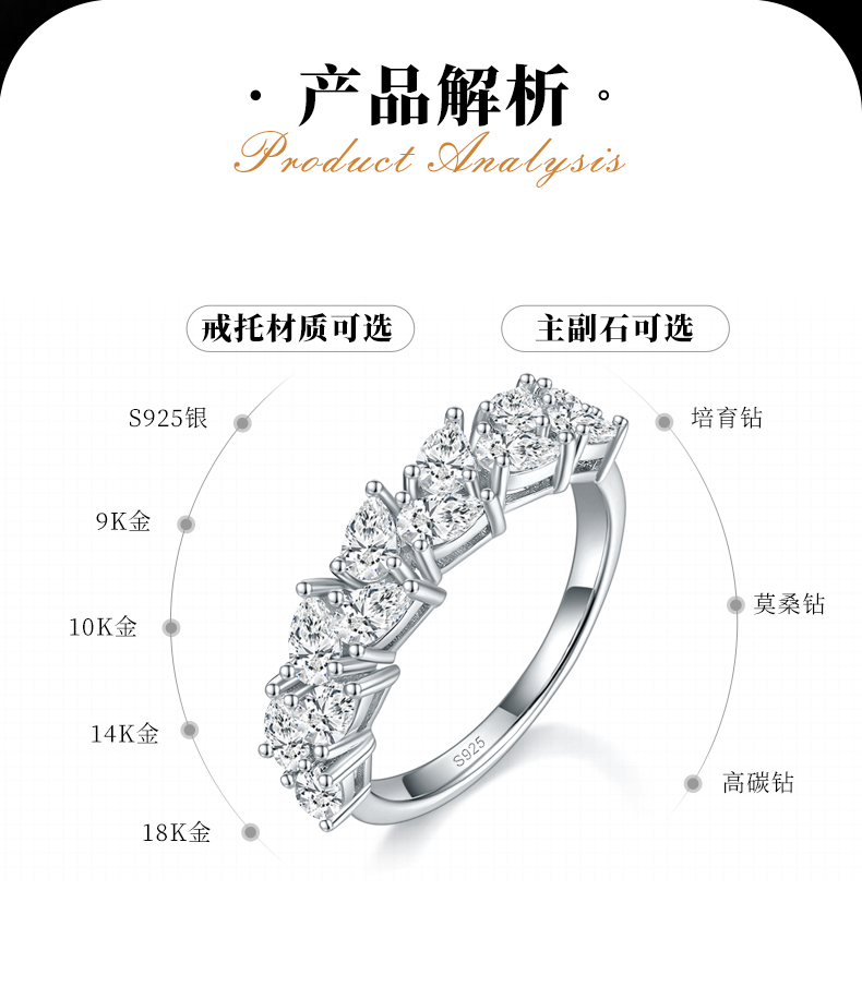 水滴排戒女戒S925银镀白金定制选款副石莫桑钻2.4ct - 2
