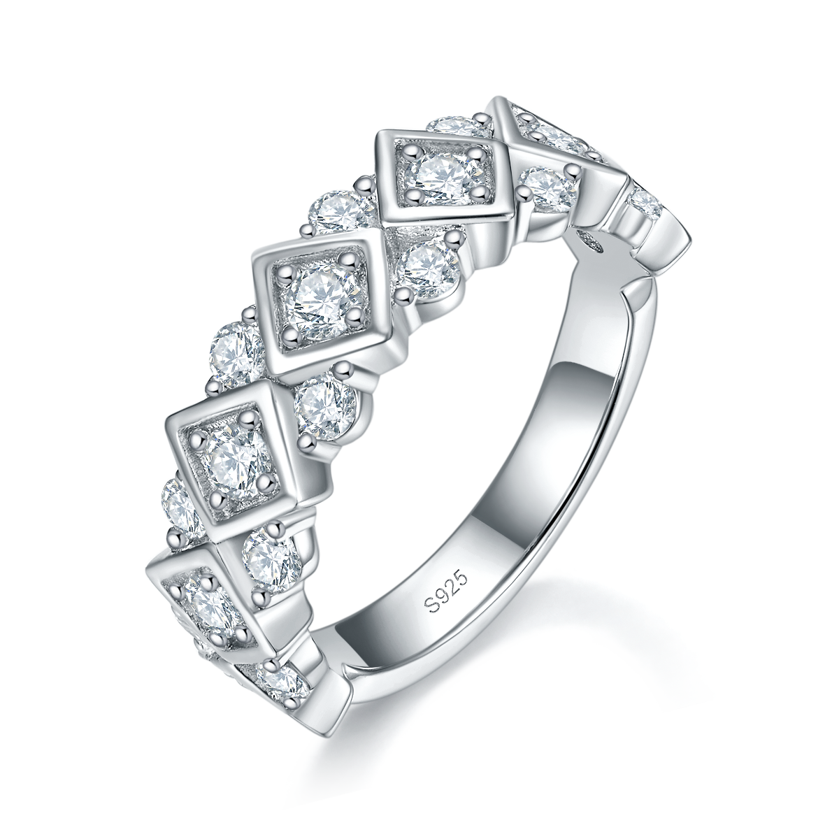 方格圆钻排戒女戒S925银镀白金定制选款副石莫桑钻0.97ct
