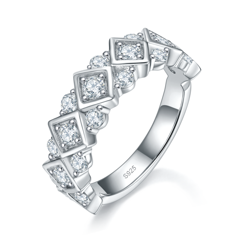 方格圆钻排戒Women's RingS925银镀白金定制选款副石Moissanite0.97ct